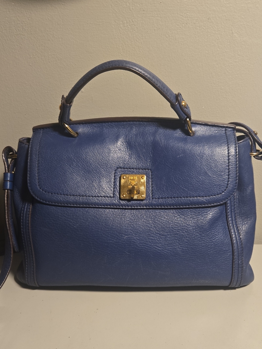 MCM Blue Leather Top-Handle Satchel Bag